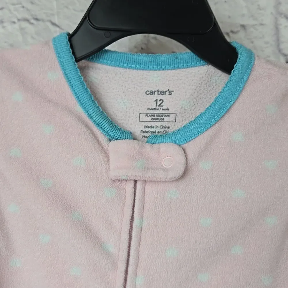 Carter's Princess Monkey Footed Pajamas 12M Pink Fleece Zip Sleeper Baby Girl